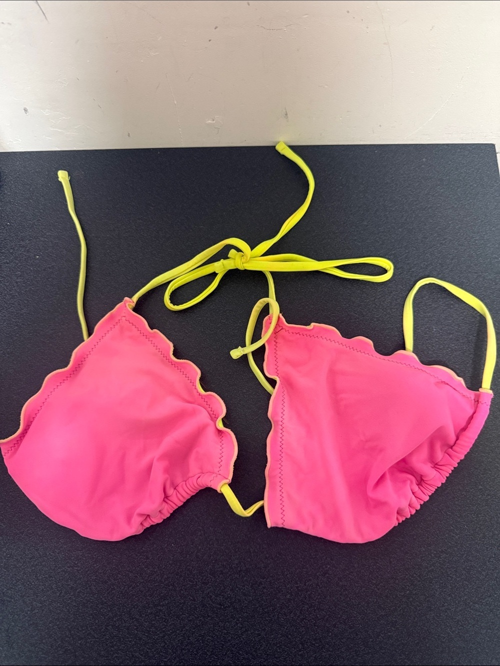 Pink Triangle Bikini Top with Neon Yellow Straps
